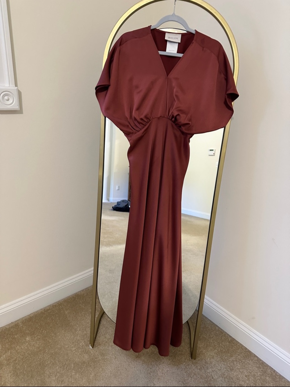 Anthropologie BHLDN Satin long Dress in Rust